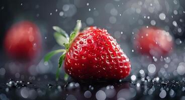 Fresh Strawberry Surrounded By Raindrops On A Dark Surface photo