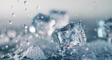 Ice Cubes Splashing in Clear Water With Droplets in a Bright Environment photo
