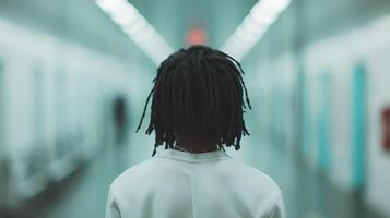 Thoughtful Young Man With Dreadlocks in a Dimly Lit Urban Corridor photo