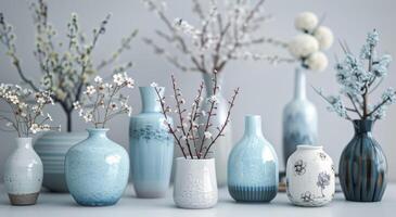 Elegant Arrangement of Vases With Flowers on a Table Against a Soft Blue Background photo