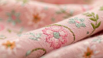 Delicate Floral Embroidery on Soft Pink Fabric in Natural Light photo