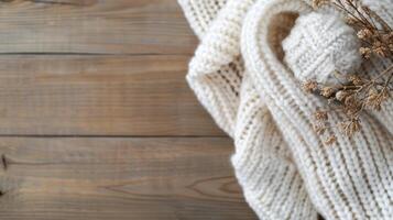 Cozy Knit Sweater With Pinecones on Wooden Surface in Natural Light photo
