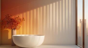 Elegant Bathtub Surrounded by Natural Elements During Sunset in Modern Bathroom photo
