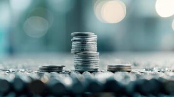 Stacked Coins on Wet Surface With Blurred Background in Natural Lighting photo