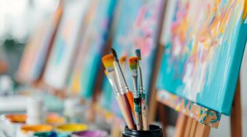 Artist Creating Vibrant Abstract Paintings in Bright Studio During Daytime photo