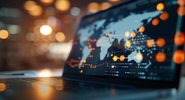 Global Data Visualization On Laptop Screen At Night photo