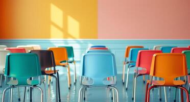 Colorful Chairs Arranged in Empty Classroom With Vibrant Walls in Morning Light photo