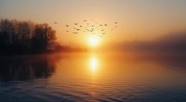 Sunset Over Mountains With Migrating Birds Flying Across Calm Waters photo