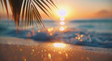 Sunset Over Ocean Waves With Silhouetted Palm Leaves on Tropical Beach photo