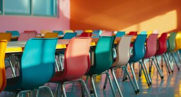 Colorful Chairs Arranged in Empty Classroom With Vibrant Walls in Morning Light photo