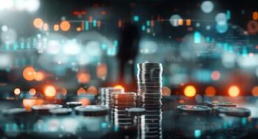 Stacked Coins on Table With Blurred Financial Activity in Background photo