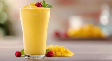 Refreshing Mango Smoothie With Berries Served on a Sunny Day photo