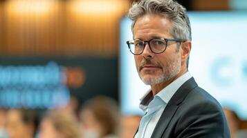 Man Engaging With Audience During Discussion at Conference in Modern Venue photo