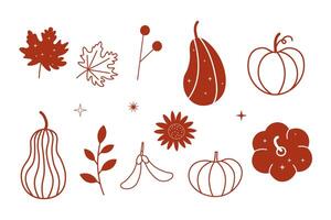 Illustrations of autumn objects in boho style. Plants, pumpkins. For Thanksgiving Day, autumnal season, Halloween. The images are created without the use of any artificial intelligence software vector