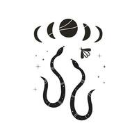 Abstract composition with snakes, moon, stars in boho style. Background Mystical motif for tattoo, poster, print, card, paper. The image created without the use of any artificial intelligence software vector