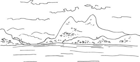Mountain landscape with lake, sea. Hand drawn illustration. Panoramic calm sea view sketch, marine motive. The images are created without the use of any artificial intelligence software vector