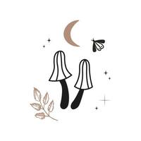 Abstract composition with mushrooms, moon, night butterfly, stars in boho style. Mystical motif for tattoo, poster, card. The image created without the use of any artificial intelligence software vector