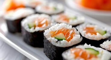 Fresh Salmon Sushi Rolls With Sesame Seeds on a White Plate photo