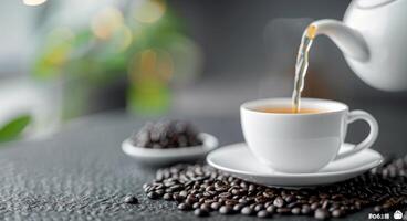 Pouring Hot Tea Into A White Cup Surrounded By Coffee Beans photo