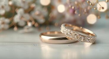 Elegant Wedding Rings With Floral Accents Against a Soft Background photo