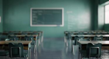 Empty Classroom With Green Walls and Desks During Daytime photo