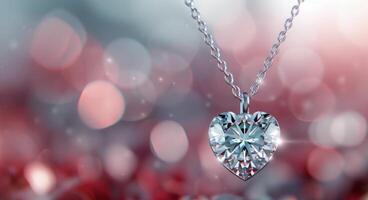 Heart-Shaped Diamond Pendant Hanging Against a Blurred Red Background photo
