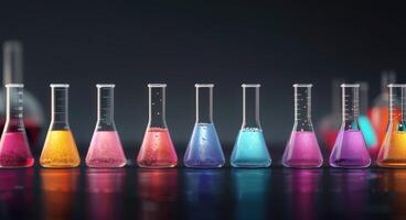 Colorful Beakers in a Laboratory Displaying Various Chemical Solutions photo