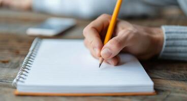 Writing Notes on Blank Notebook With Pencil in Cozy Indoor Setting photo