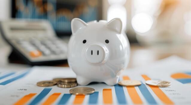 Piggy Bank on Financial Reports With Coins and Charts in Office Setting photo