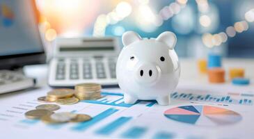 Piggy Bank on Financial Reports With Calculator and Coins in Office Setting photo