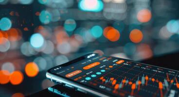 Stock Market Data Displayed on Smartphone With Urban Night Lights in Background photo