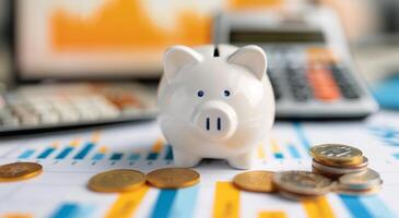 Piggy Bank on Financial Reports With Coins and Charts in Office Setting photo