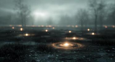 Mist Covered Pathway Illuminated by Glowing Orbs at Dawn in Forest photo