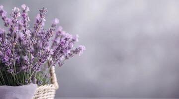 Lavender Flowers in Woven Basket With Soft Background Lights photo