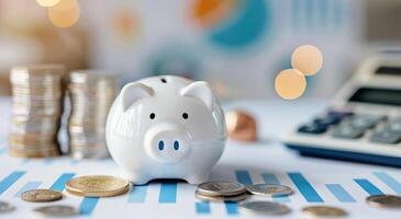 Piggy Bank on Financial Reports With Calculator and Coins in Office Setting photo