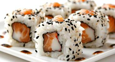 Fresh Salmon Sushi Rolls With Sesame Seeds on a White Plate photo
