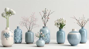 Elegant Arrangement of Vases With Flowers on a Table Against a Soft Blue Background photo