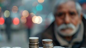 Stacks Of Coins On The Ground With A Person Walking In The Background At Dusk photo