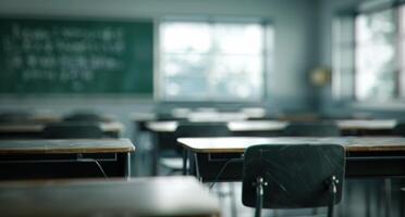 Classroom With Empty Desks During Morning Light in Educational Setting photo