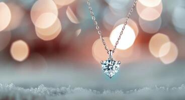 Heart-Shaped Diamond Pendant Hanging Against a Blurred Red Background photo