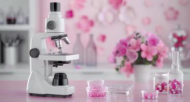 Laboratory Microscope Set Against Pink Floral Background in Science Workspace photo