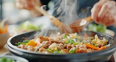 Stir-Frying Colorful Vegetables and Chicken at a Busy Food Stall photo