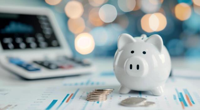 Piggy Bank on Financial Reports With Coins and Charts in Office Setting photo