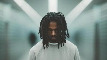 Thoughtful Young Man With Dreadlocks in a Dimly Lit Urban Corridor photo
