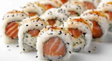 Fresh Salmon Sushi Rolls With Sesame Seeds on a White Plate photo