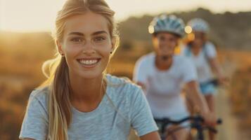 Happy Cyclist Riding on Sunlit Trail With Friends in Summer Evening photo