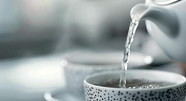 Pouring Water From a Jug Into a White Bowl With Sparkling Background photo