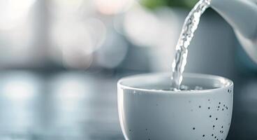 Pouring Water From a Jug Into a White Bowl With Sparkling Background photo