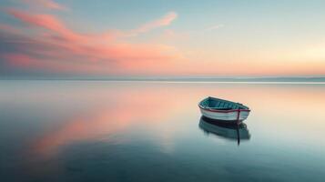 Solitary Boat Floating on Calm Water at Sunrise in Tranquil Landscape photo
