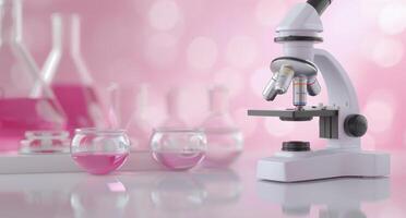 Laboratory Microscope Set Against Pink Floral Background in Science Workspace photo